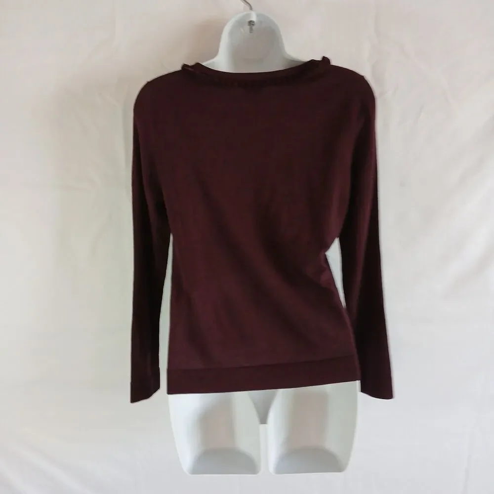 Talbots Sweater Wool Maroon  Ruffle Round Neck Wool Sz Ps Career Academia Preppy